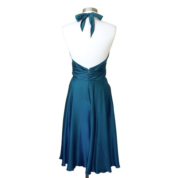 Teal Silk Halter Midi Dress Embellished Backless - Picture 4 of 10